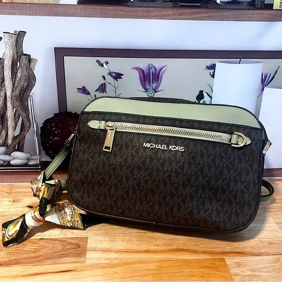 Michael Kors Jet Set Brown & Sage Green Signature Crossbody Bag - Picture 13 of 15